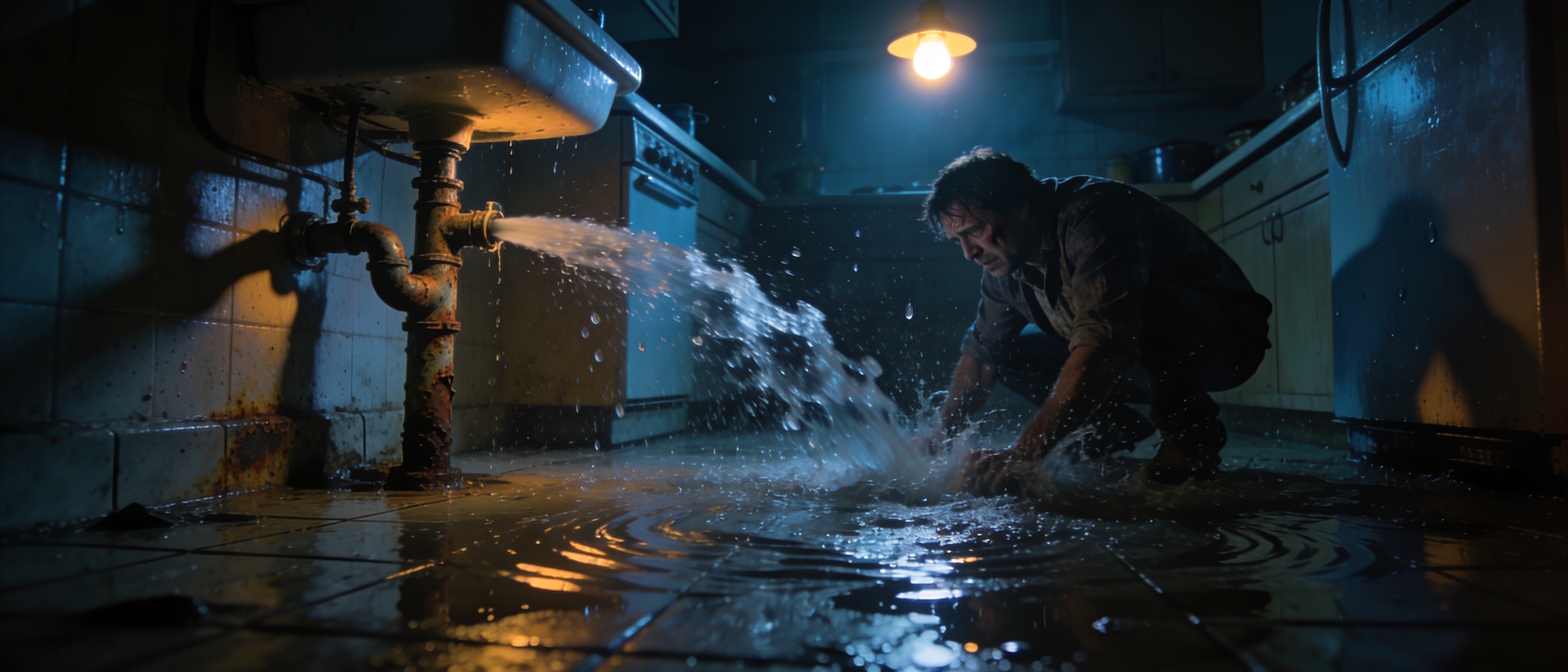 Homeowner discovering a burst pipe under the sink