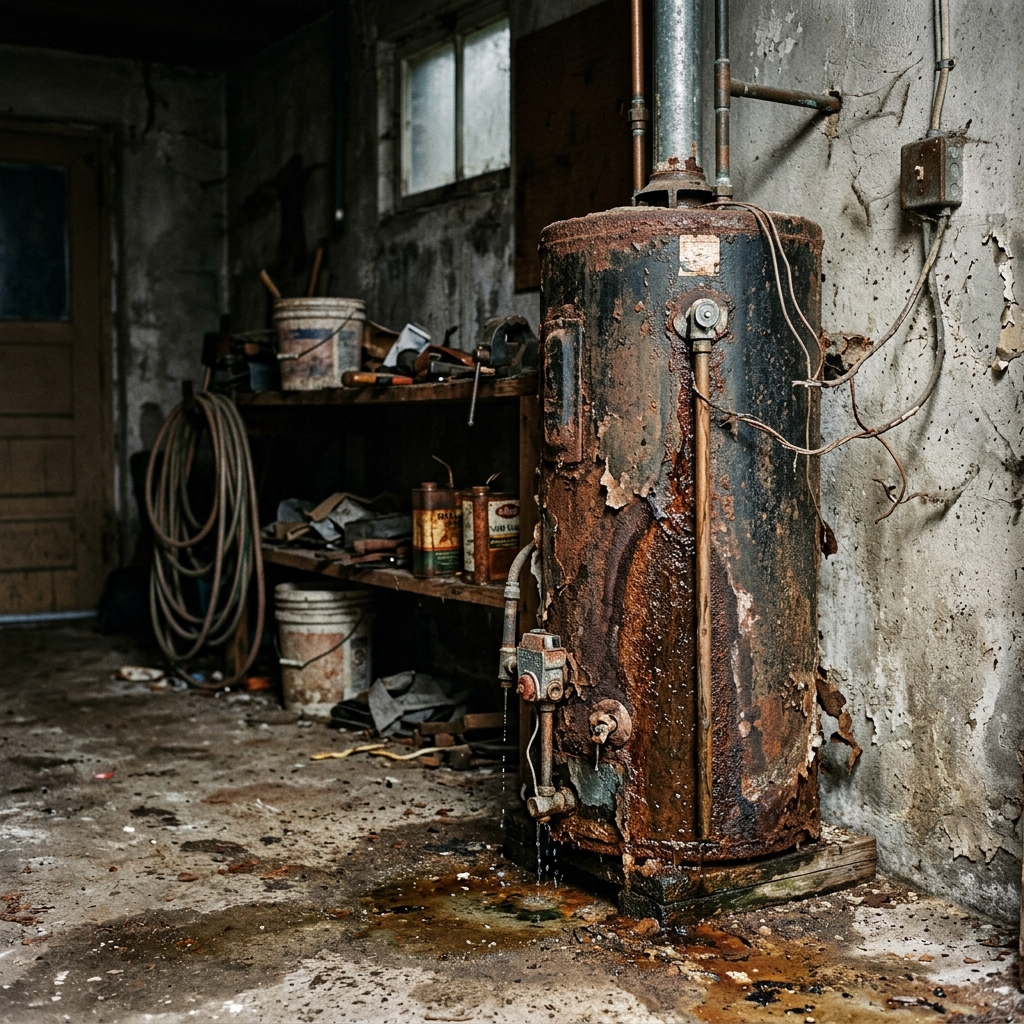 Before: Old corroded water heater